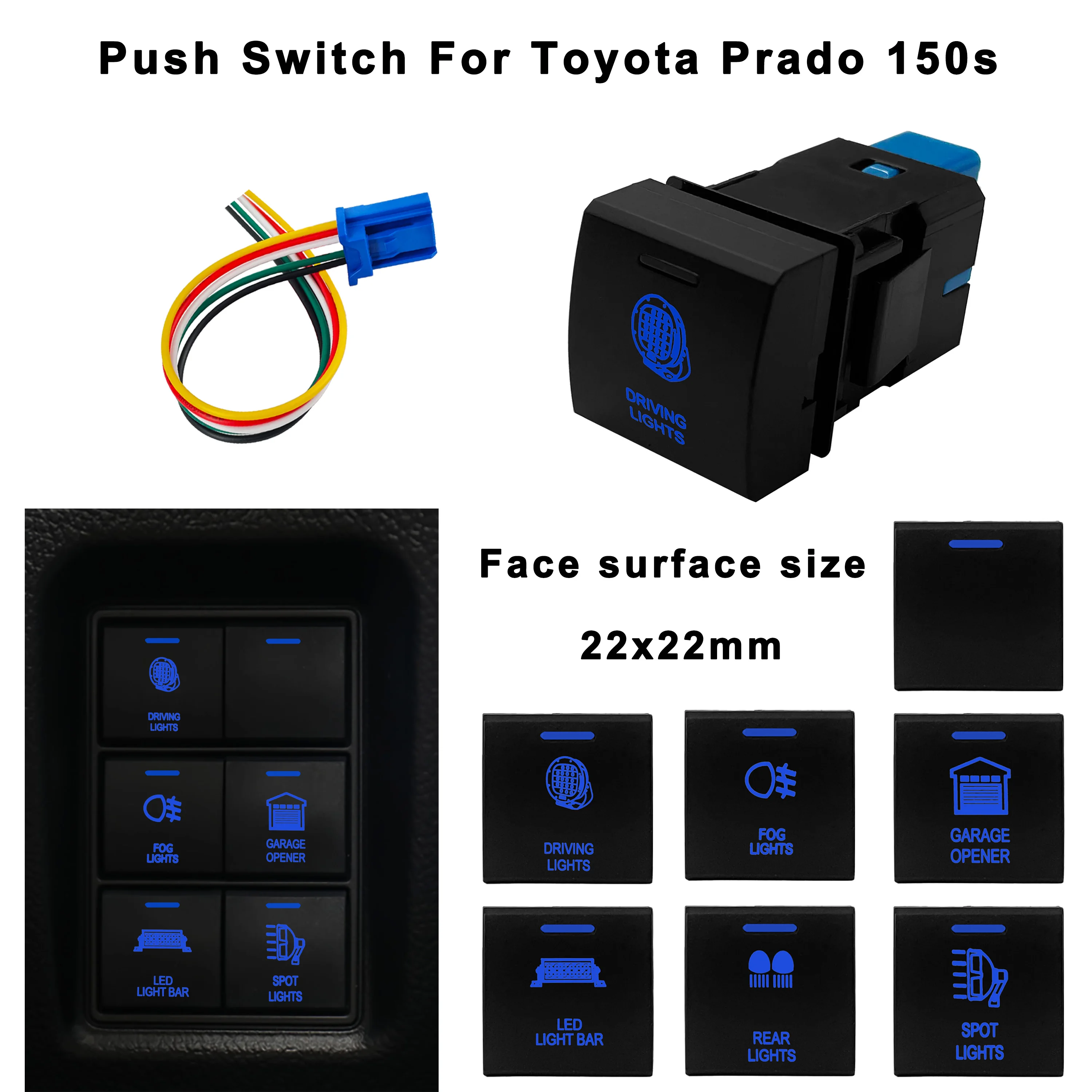 

Blue Led 12V Led Light Bar Push Button Switch with Connctor for Toyota LandCruiser PRADO 150s 22mm x 22mm, Horn, Fog Light