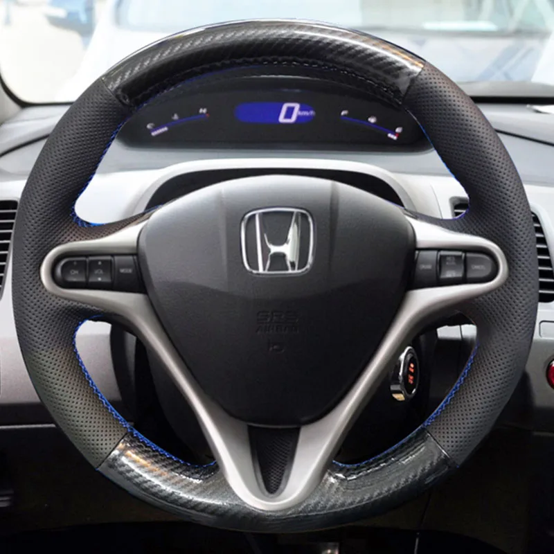 For Honda Old Civic (3-Spoke) 2006-2011 Hand-stitched black genuine Leather carbon fibre non-slip car Steering Wheel Cover