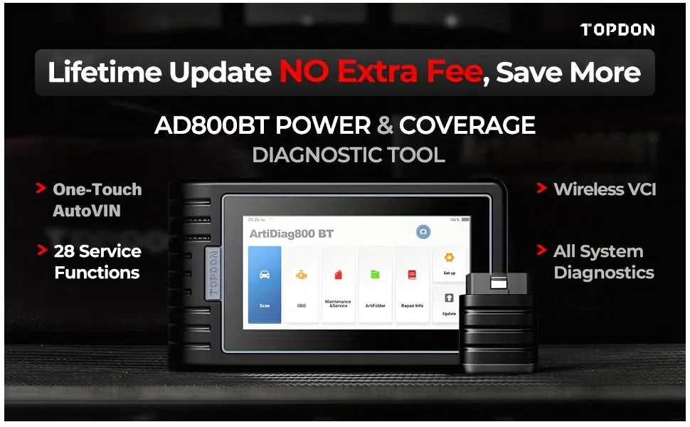 

Wireless OBD2 Scanner with Bluetooth Connectivity – Full Vehicle System Diagnostics, 28+ Maintenance Reset Functions, Lifetime Software Updates Included