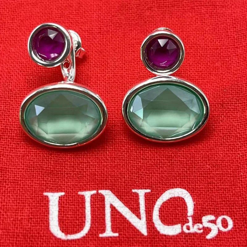 Luxury 2024 Original Spanish UNO DE 50 jewelry C-shaped stud earrings, red and green double crystals, creative double loops, but