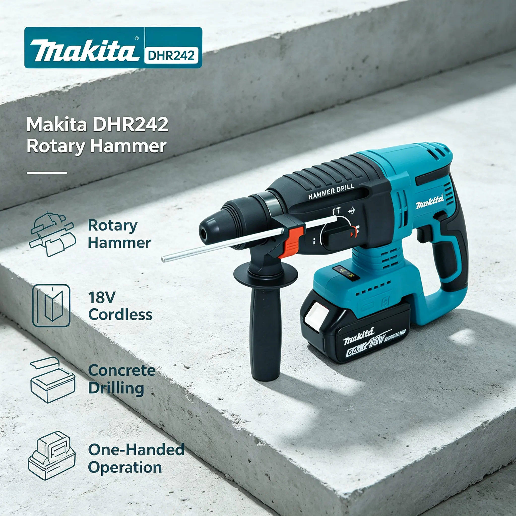 Perceuse perforatrice rotative Makita DHR242 18V SDS-Plus d'origine, faible valeur de vibration de 13,5 m/s², système de fonctionnement à 3 modes, manipulation confortable pour le perçage prolongé sur des surfaces en béton, maçonnerie et brique.