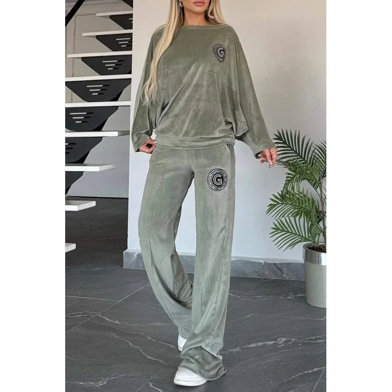 العصرية المرأة قطعتين الدعاوى الخريف الشتاء الذهبي المخملية الصلبة س الرقبة الخفافيش كم عادية موضة جديدة قبالة الكتف 2 قطعة مجموعة #4