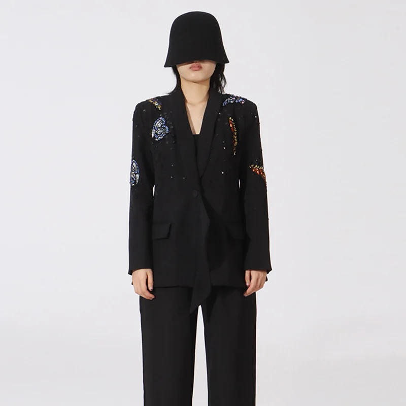 French Style Elegant Commuter Jackets Fashion Beaded Diamond Versatile Single Button Slim Fit Blazer Coats for Women 2025 Autumn