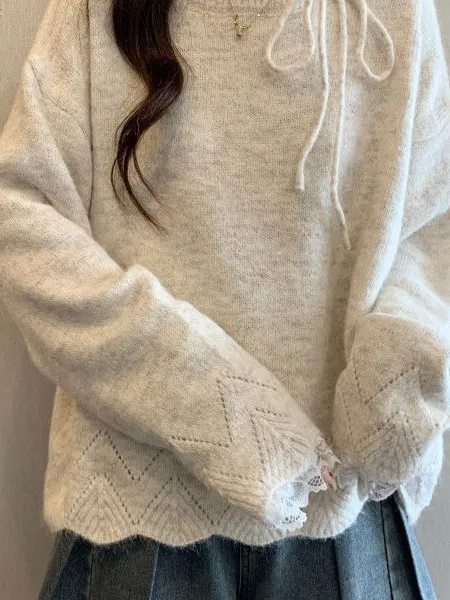 

Rixo Women's Lace Splice Shoulder Knitted Sweater round Neck Long Sleeve Soft Breathable Commute Style Autumn Winter Top