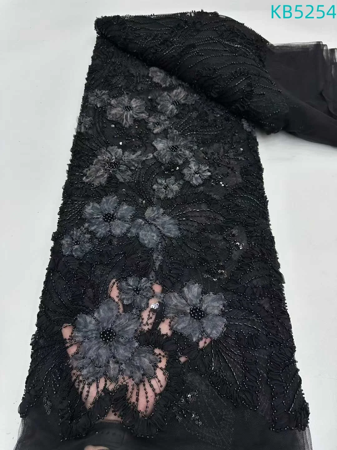 African Green Sequins Lace Fabric High Quality Nigerian Beaded French Mesh Tulle Lace Embroidery Lace Beaded For Sewing KB5254