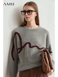 Amii Solid O-neck Jacquard Embroidered Pullover 2024 Winter Women Clothing Long Sleeve Loose Shoulder Sleeve Sweater 12424117