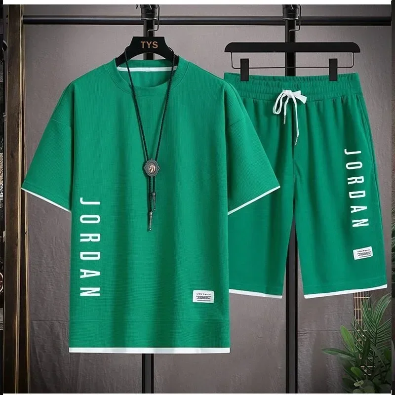 Masculino respirável de secagem rápida jogging basquete esportes conjunto verão moda manga curta casual camiseta + shorts conjunto de duas peças