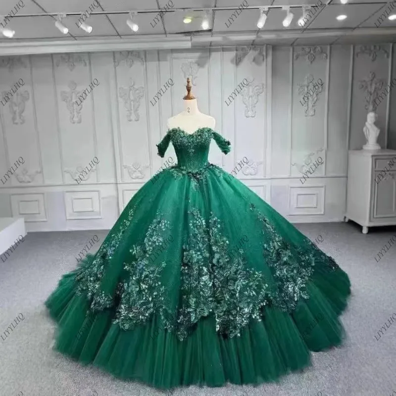 LIYYLHQ Glittering Emerald Green Quinceanera Dresses Ball Gown Prom Dress Sweet 15 16 Dresses Party Gown vestido de 15 años NEW