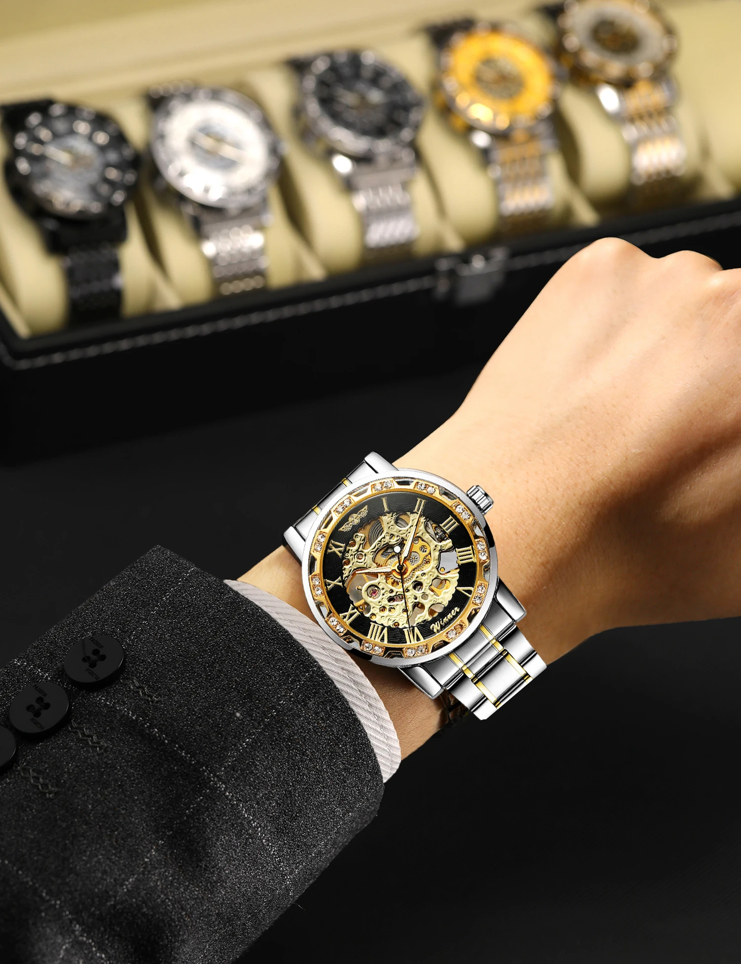 T-WINNER موضة ساعات رجالي عادية الهيكل العظمي الميكانيكية النقش الفاخرة حجر الراين مؤشرات مضيئة رجل الأعمال ساعات المعصم