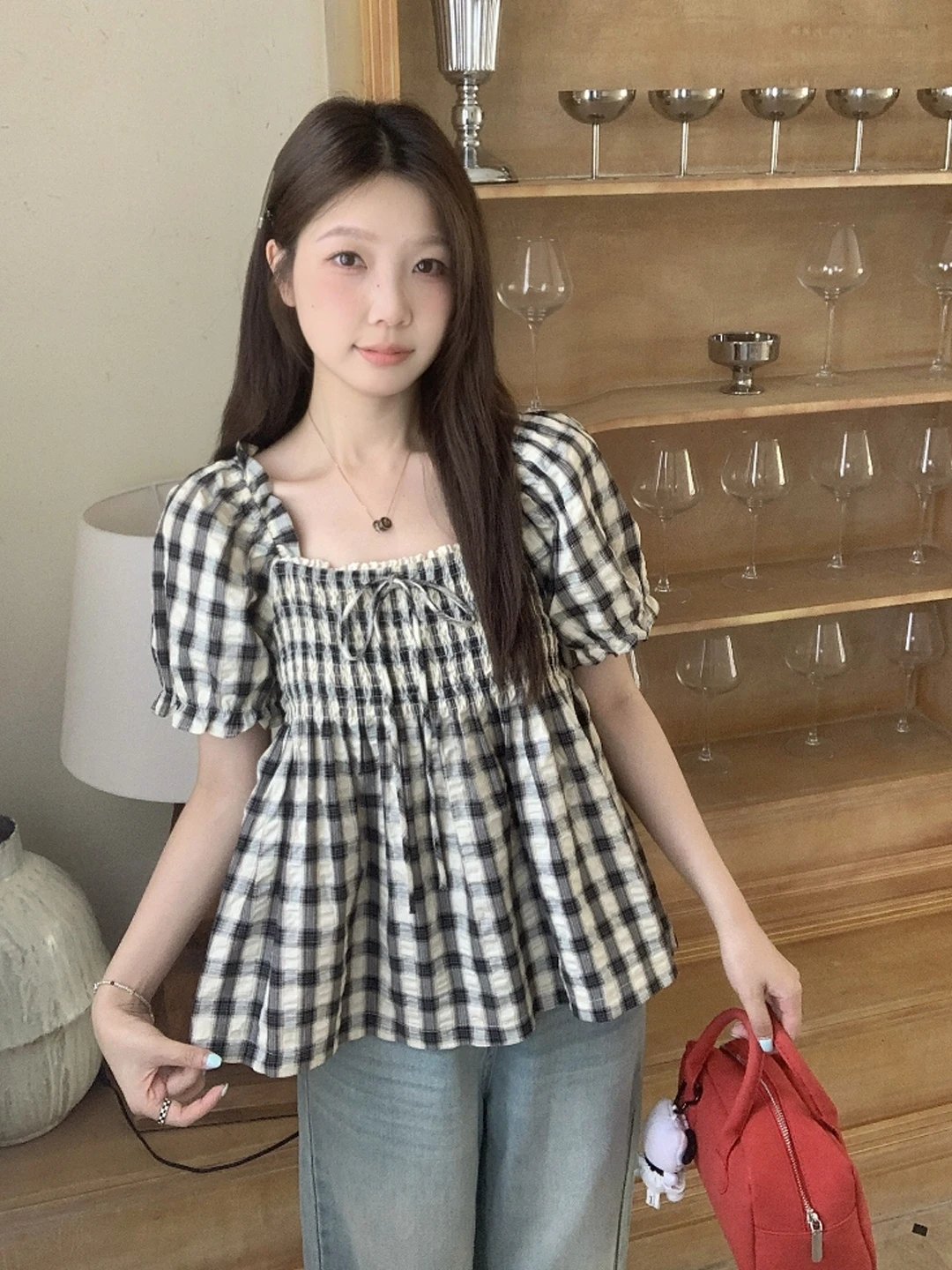 Summer Women's Plaid Bubble Sleeve Shirt Square Collar Slimming Design Sweet Short Sleeve T-Shirt Korean Style Loose Fit