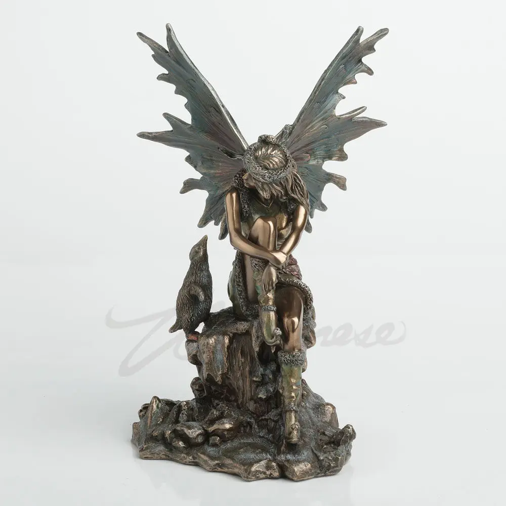 Dark Fairy with Bat Wings Resin Statue Bronze Finish Gothic Elf Figurine Mythical Fantasy Sculpture Home Office Decoration Gift