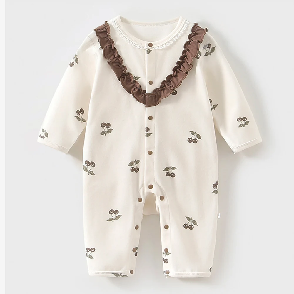 

Кружевной комбинезон для девочек с длинным рукавом, хлопковый, с рюшами, милым узором, весенне-осенний, бутик-одежда для младенцев, на 1-й день рождения, детские комбинезоны