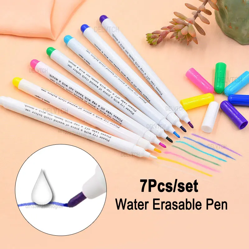 7Pcs Cross Stitch Water Erasable Pen Washable Soluble Fade Disappearing Ink Fabric Cloth Textile Marker For Tailors Drawing Line