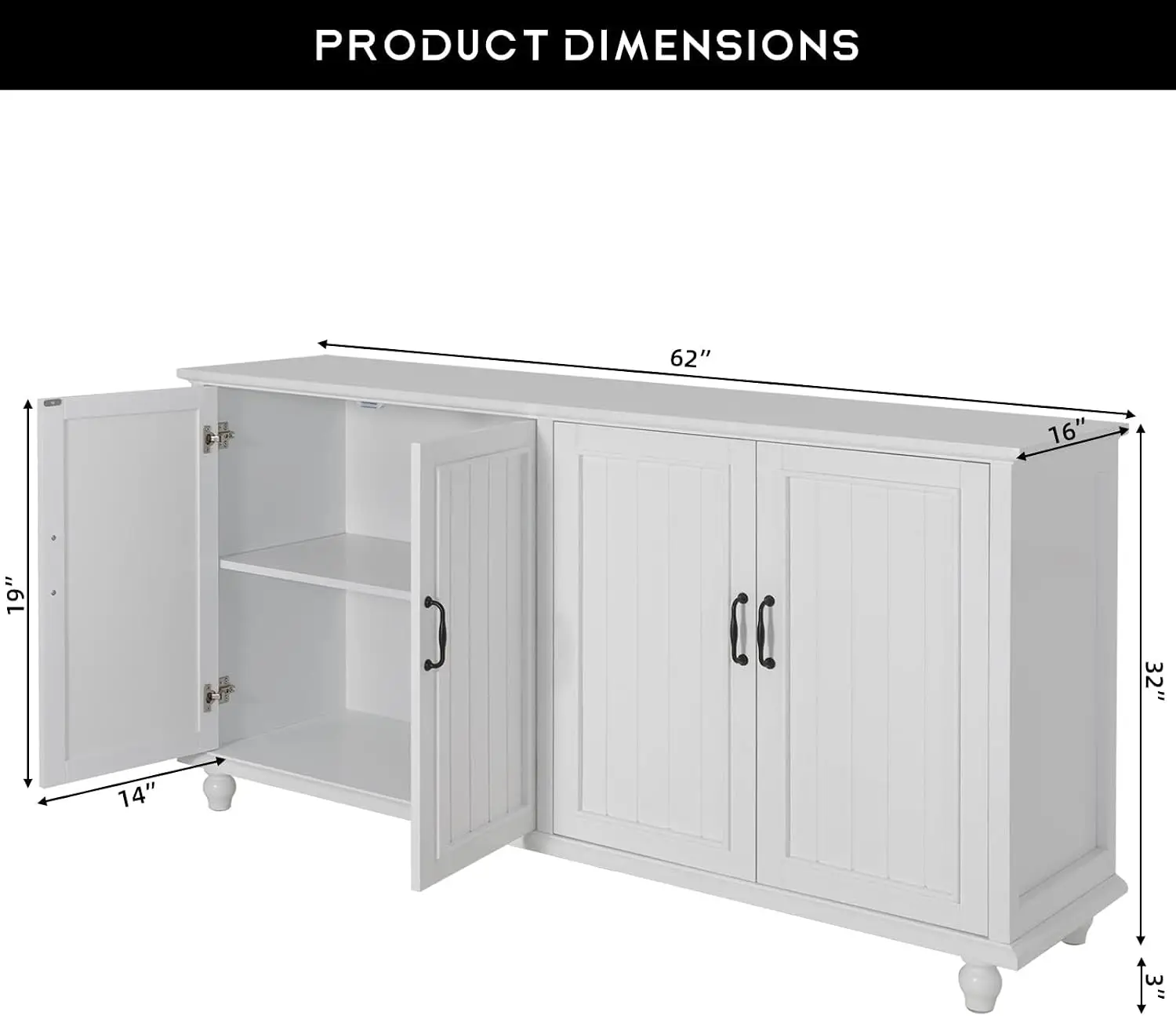 White Sideboard Cupboard Buffet Server With Quad Doors Retro Coffee Station