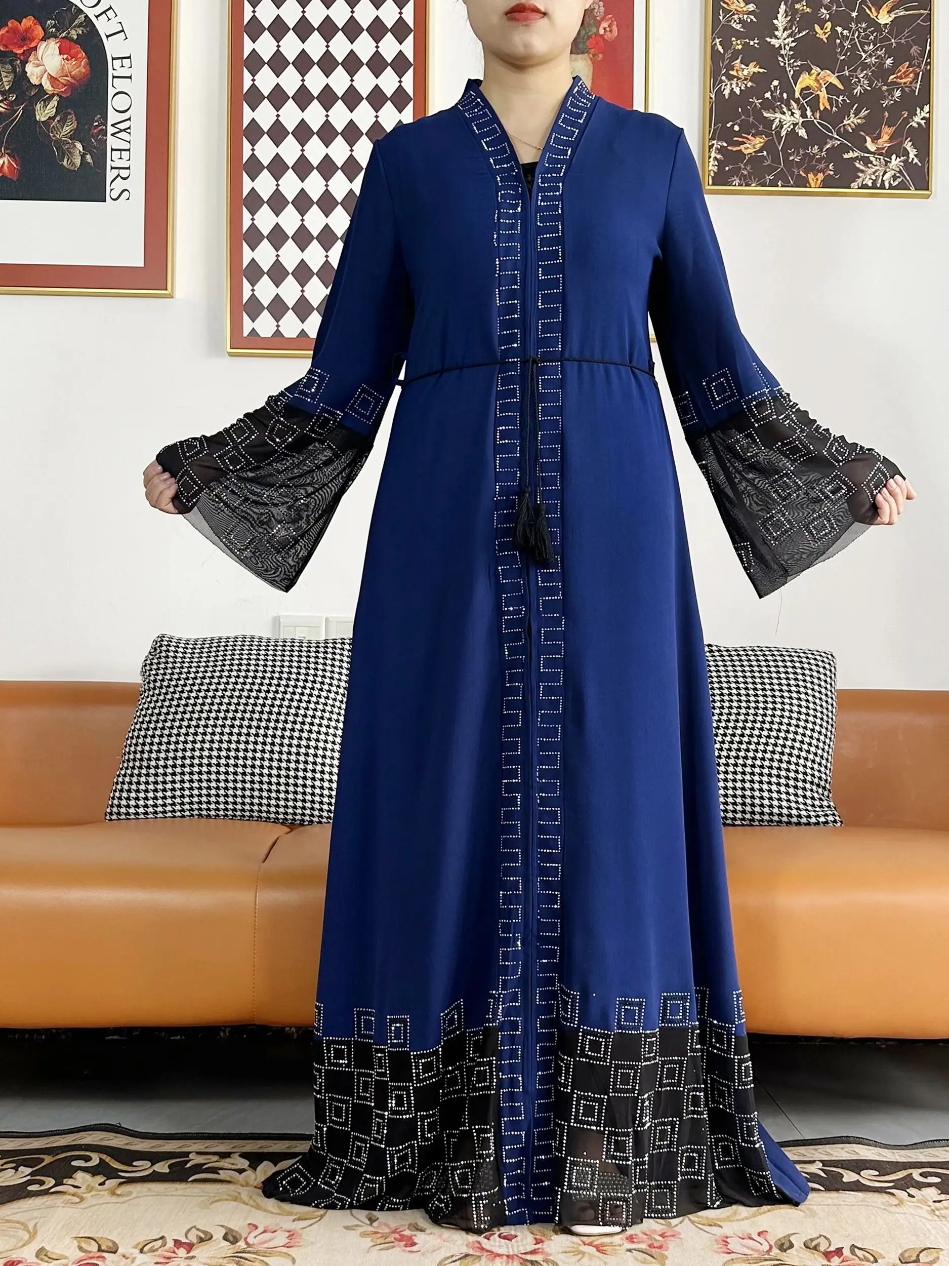 Latest Women Elegant Dresses Dubai Party Outfits Long Sleeve Chiffon Dashiki Muslim Women Robe Open African Abaya Clothing