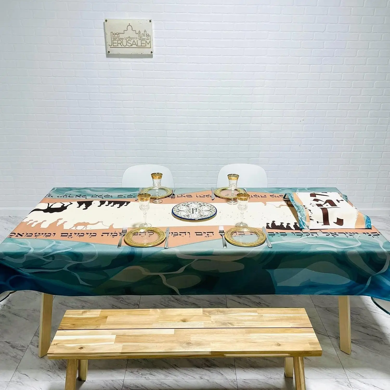 Happy Passover Waterproof Tablecloth Holiday Table Decor Pesach Seder Jewish Hebrew Rectangle Tablecloth Holiday Party Decor