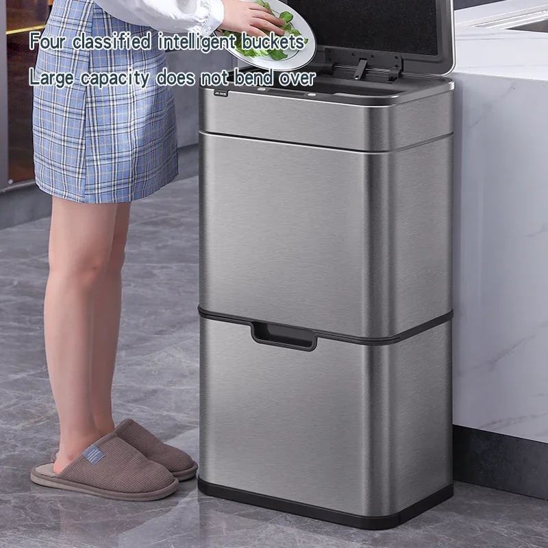 40L/50L sorting trash can intelligent induction light luxury stainless steel with cover double-layer dry wet separation