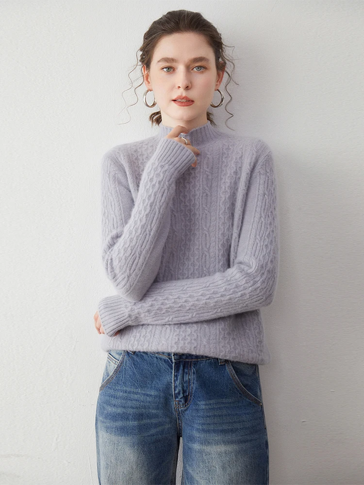

Autumn Winter Women's 100% Cashmere Sweater Mock Neck Soft Warm Pullover Cable Stitch Knitwear Retro Lazy Female Clothing Tops