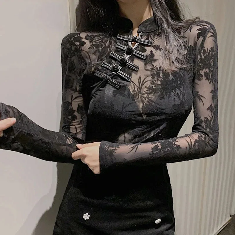 See Through Long Sleeve Slim Fit Blouse Women Chinese Style Retro Black Sexy Shirt Women Tops Vintage Lace Female Shirts 11350