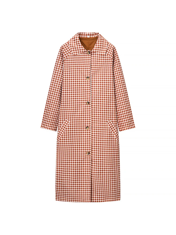 

European-style new women's fashionable and versatile single-breasted long-sleeved plaid trench coat.