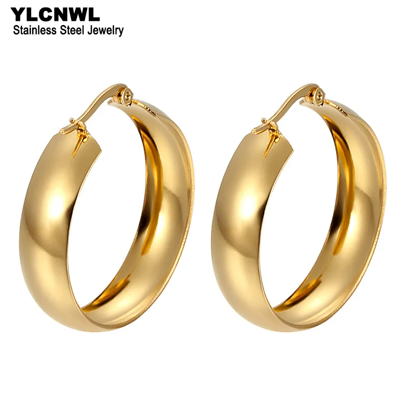Simple Stainless Steel Hoop Earrings For Women Gold Plated Wide Round Female Jewelry Fashion Gift
