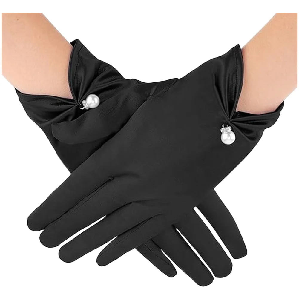 Womens Wedding Gloves Short Opera Style with Pearl Wrist Feature for Bridal Formal Dress and Special Occasion Use