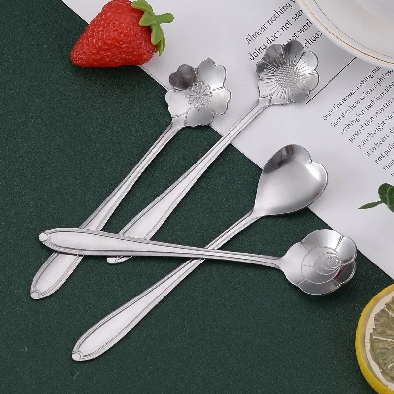 Stainless Steel Cherry Rose Flower Gold Scoop Coffee Spoon Gifts Kitchen Dessert Tea Accessories Tableware Decoration Set