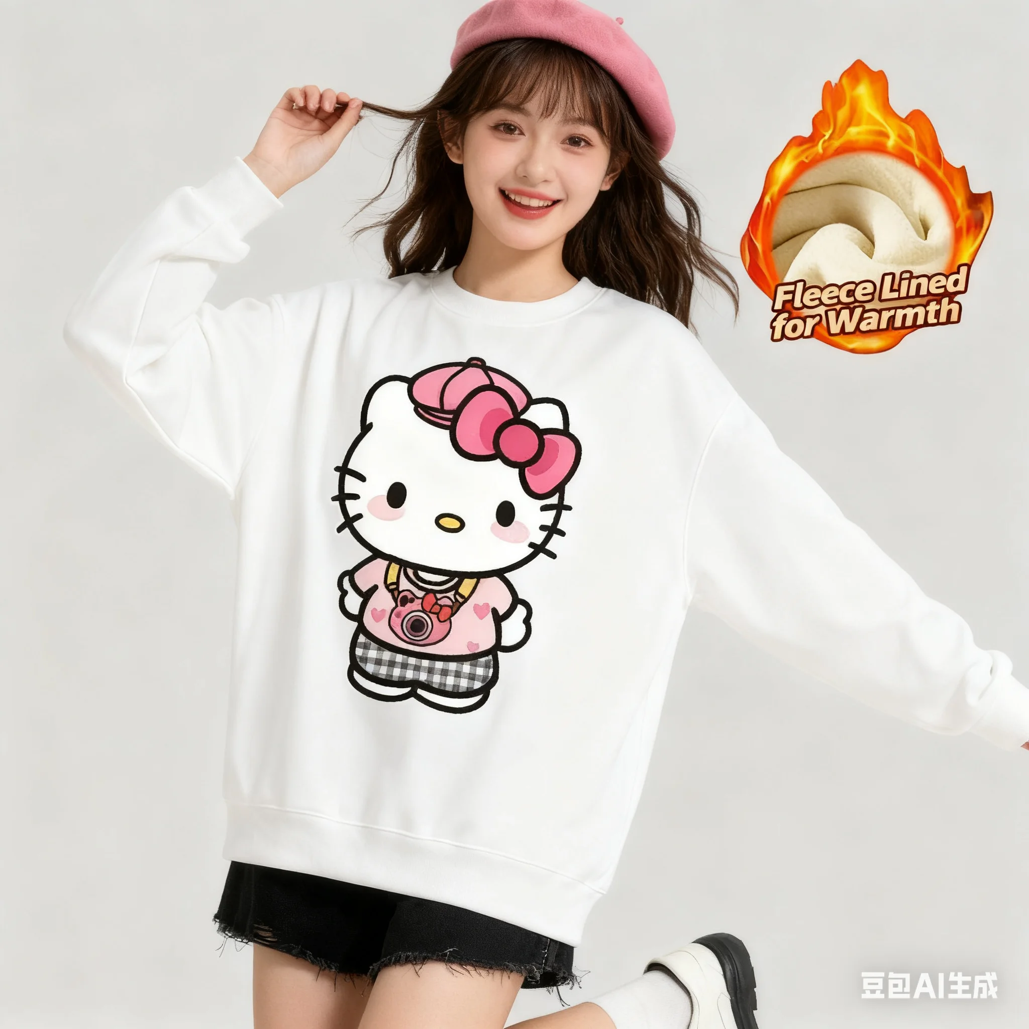 

Sanrio Series Printed Crew Neck Long-Sleeve Top, Cute and Warm Fleece-Lined Crew Neck Long-Sleeve T-Shirt, 100% Cotton