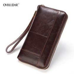 Bolso de mano largo de cuero de vaca para hombre y mujer, cartera de negocios Vintage, cartera larga de marca, bolso con cremallera de cera de aceite, monedero Masculino