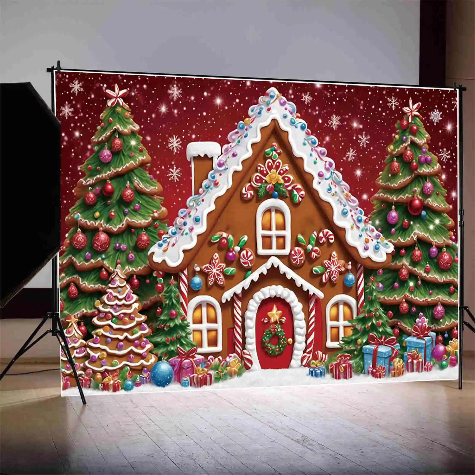 MOON.QG Christmas Trees 2024 Backgrounds Red Snowflake Gingerbread House New Year Backdrops Party Decoration Photography Props