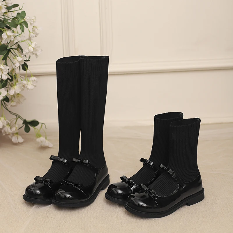 

2025 New Knitted Elastic Boots Girls Lolita Cosplay Sweet Bowknots Princess Shoes Casual Low Heels Children's Socks Womens Boots