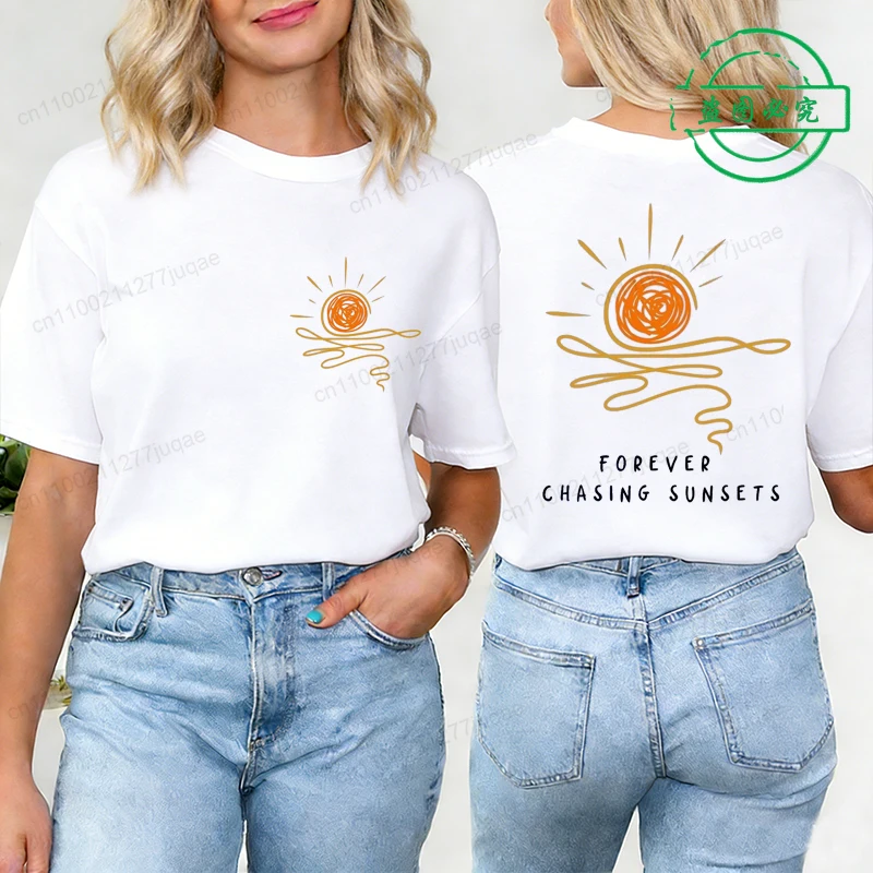 Sunset Print Women's Clothing Forever Women T-Shirt Fashion Casual Short Sleeve Beach Tops Novelty T Shirt Aesthetic Clothing