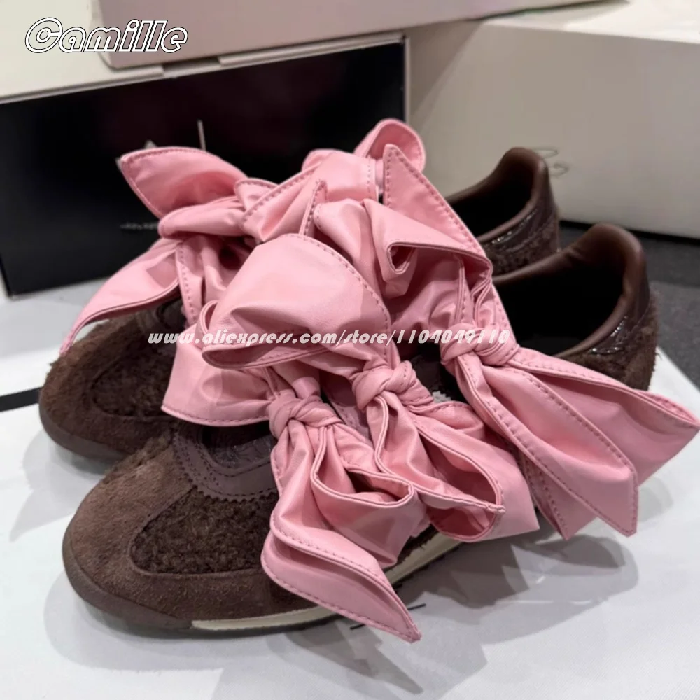 

Retro Mixed Color Bow Knot Suede Flat Vulcanized Shoes Round Toe Silk Casual Lady Shoes Autumn New Size 36-40 Training Shoes