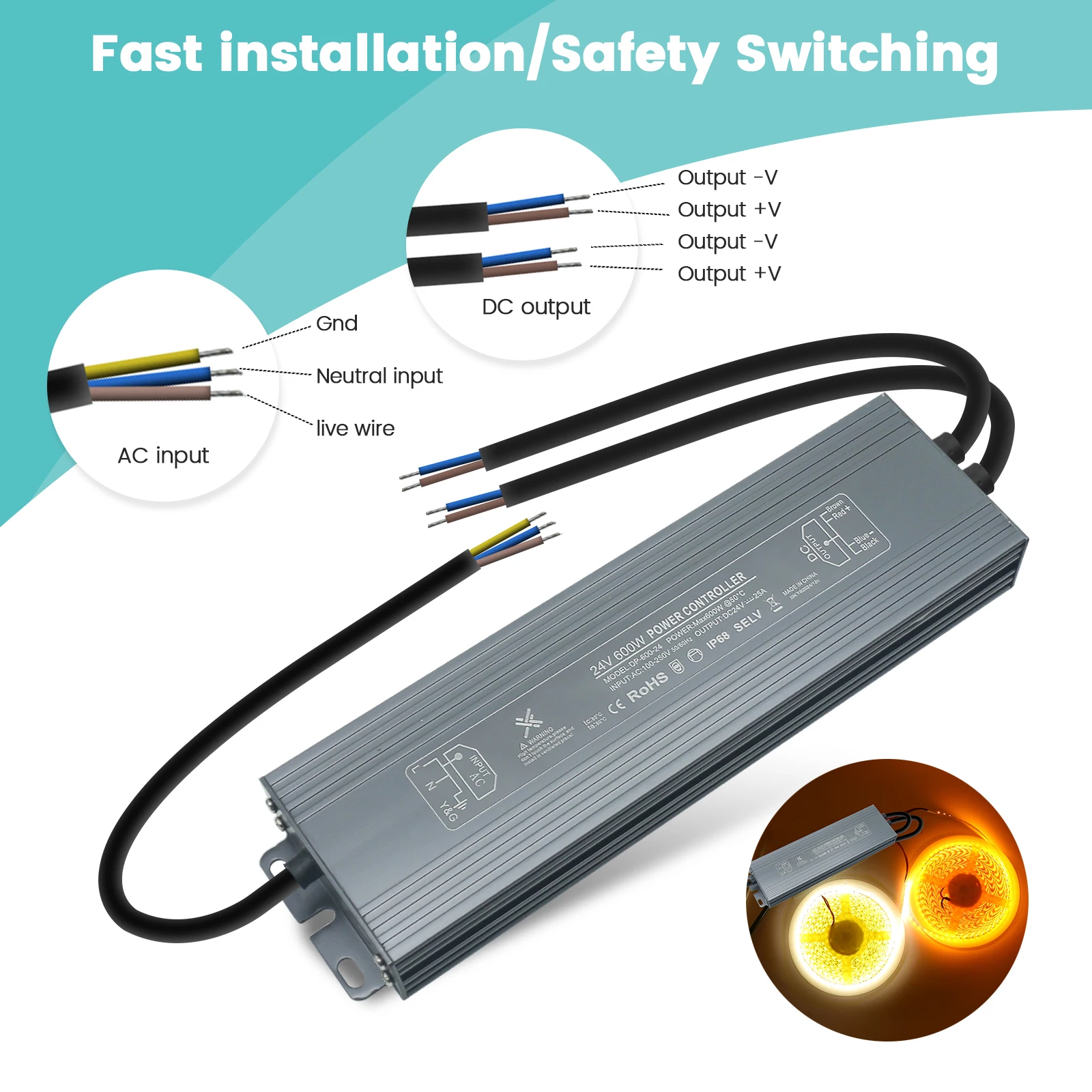 مقاوم للماء إمدادات الطاقة IP67 في الهواء الطلق LED الإضاءة محول AC110V-250V إلى تيار مستمر 12 فولت 24 فولت LED سائق 100 واط 200 واط 300 واط 400 واط 500 واط 600 واط