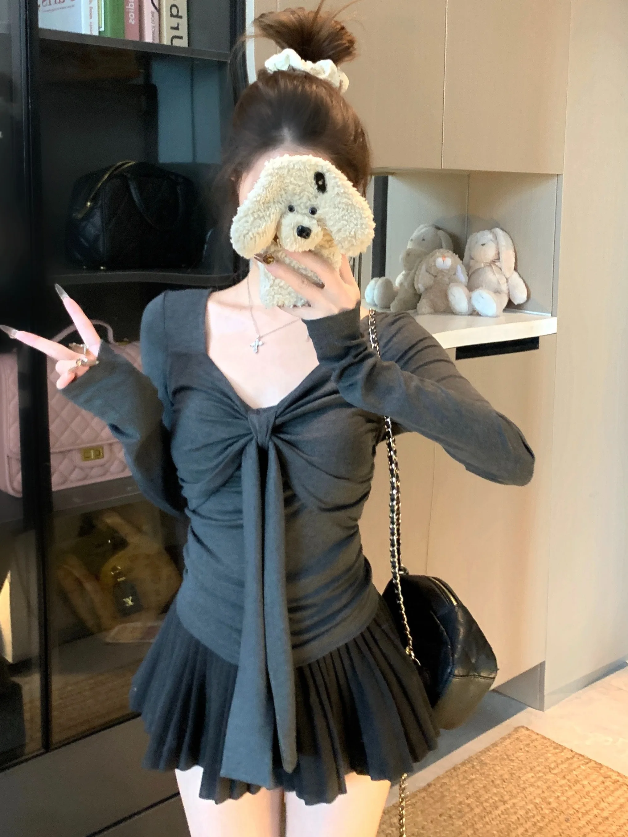 

plus Size Women's Pure Desire Knot Long Sleeve T-Shirt Autumn New Style Slimming Design Belted Square Collar Top