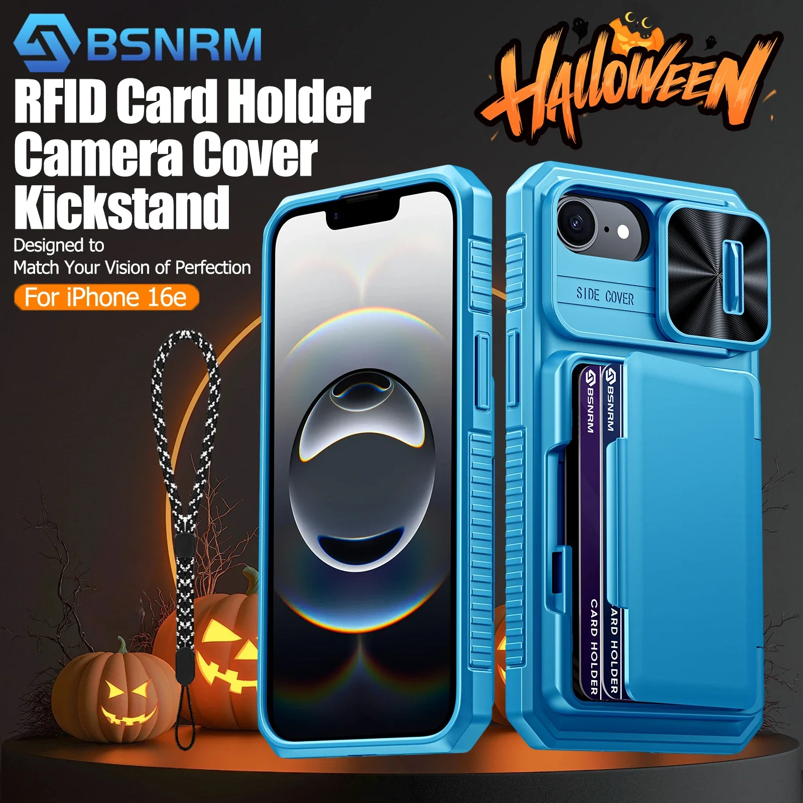 هدايا الهالوين، حامل بطاقات محفظة RFID، غطاء كاميرا، جراب هاتف واقٍ متين مقاوم للصدمات لهاتف iPhone 16 E-Light Blue