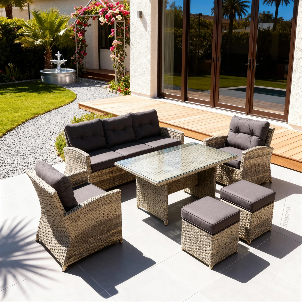 Outdoor Garden Furniture Sets Modular Sectional Sofa with Glass Coffee Table Cushion All Weather PE Wicker for Patio