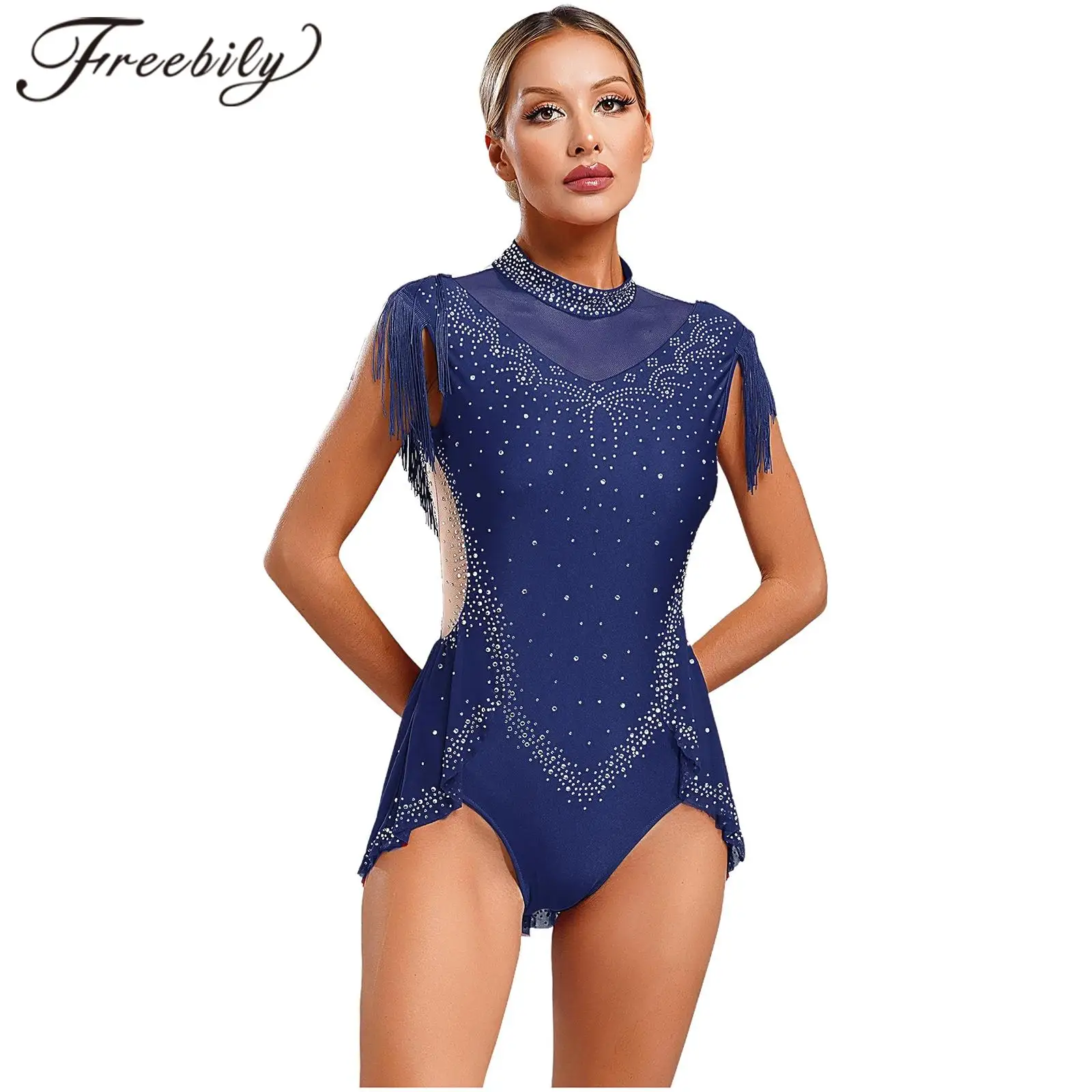 Women's Tassels Latin Dance Bodysuits Tango Skirted Bodysuit Chacha Dancewear Rhinestone Fringed Leotard Samba Dancing Costume