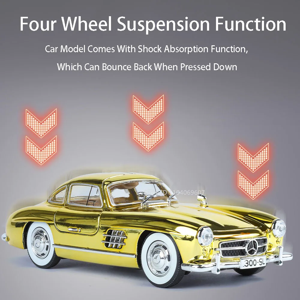 1:24 300SL Electroplatedรถของเล่นDiecast Vintageรถยนต์เสียง 4 ประตูเปิดดึงกลับรถของเล่นสําหรับเด็ก