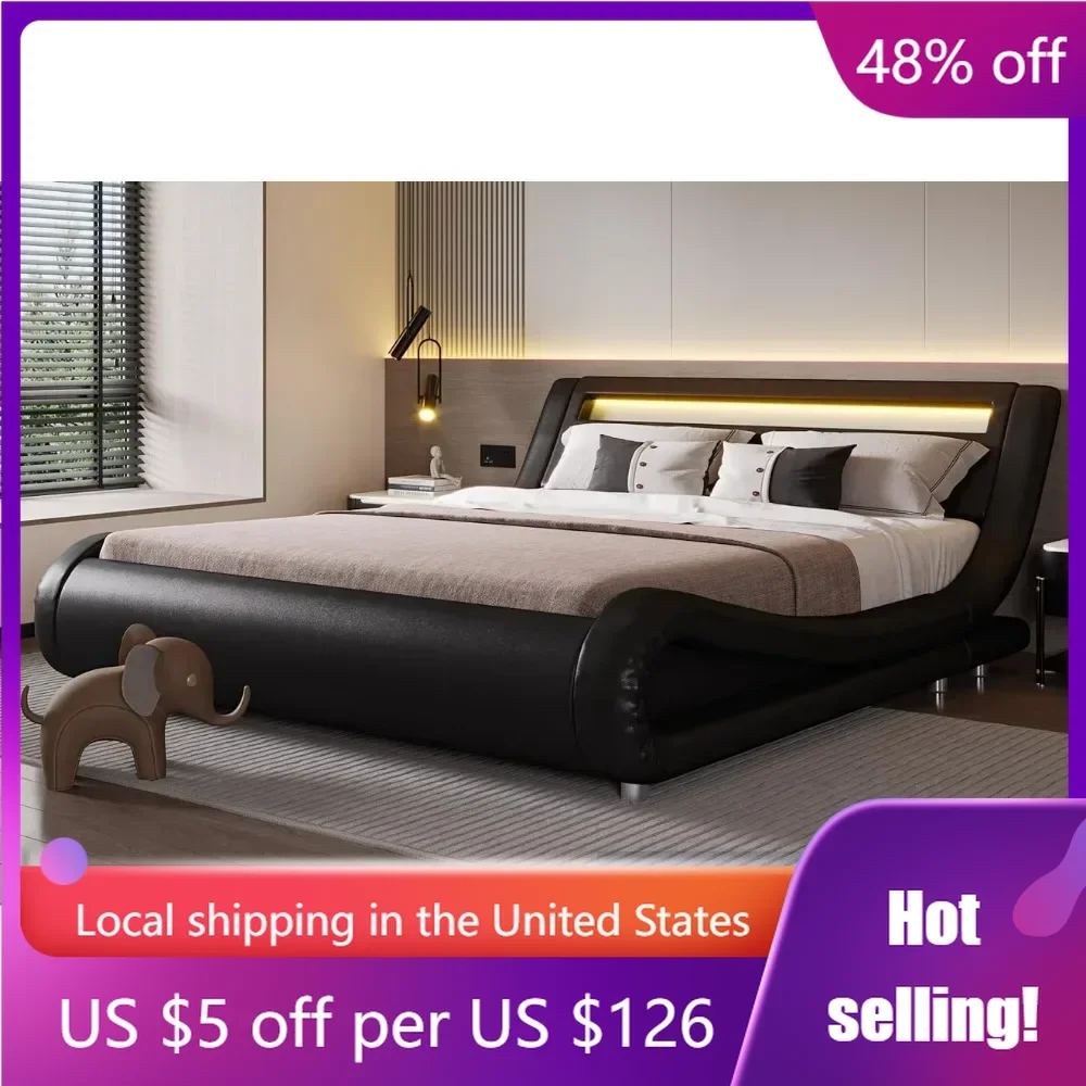 

Upholstered Modern Bed Frame With LED Headboard/Mattress Foundation/No Box Spring Needed/Strong Wood Slats Support/Easy Assembly