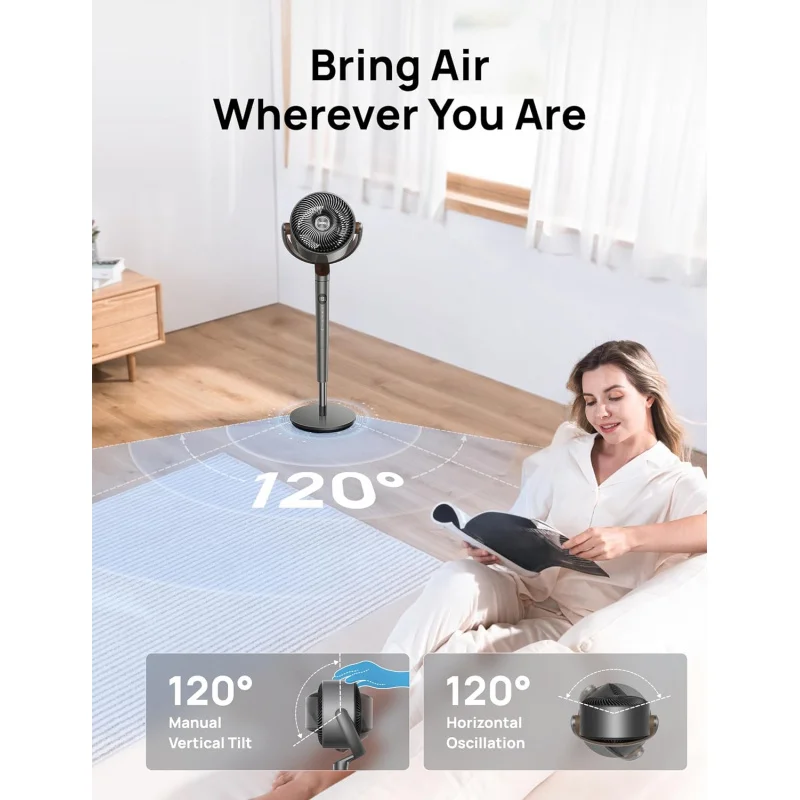 Fan for Bedroom, 120° Oscillating Standing Pedestal Fan, DC Motor, 80ft Air Circulator for Whole Room, 8 Speeds, 3 modes, 120° M