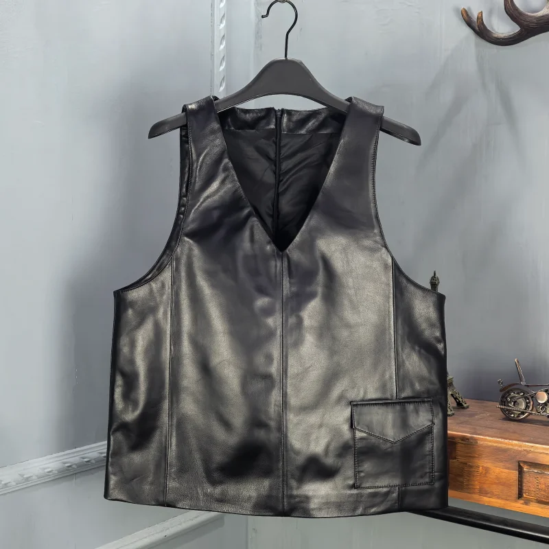 

Spring 2026 Women's Faionable ort Genuine eepskin Leather Vest V-Ne Svel Commute Sle Zipper Closure
