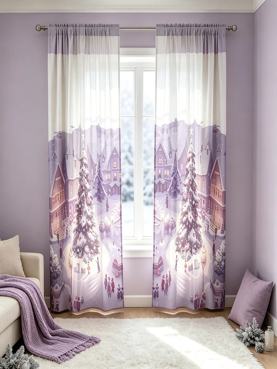 2PCS Christmas Winter Dreamy Village Print Curtains, Bedroom Living Room Window Drapes, Rod Pocket Polyester, Home Decor