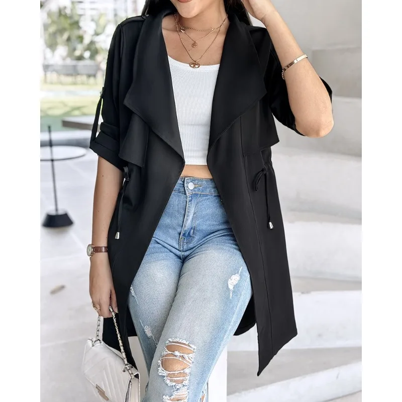 

S-XXL Women's Autumn Casual Loose Solid Color Coat Ladies Fashion Long Sleeves Mid Length Windbreaker Coat