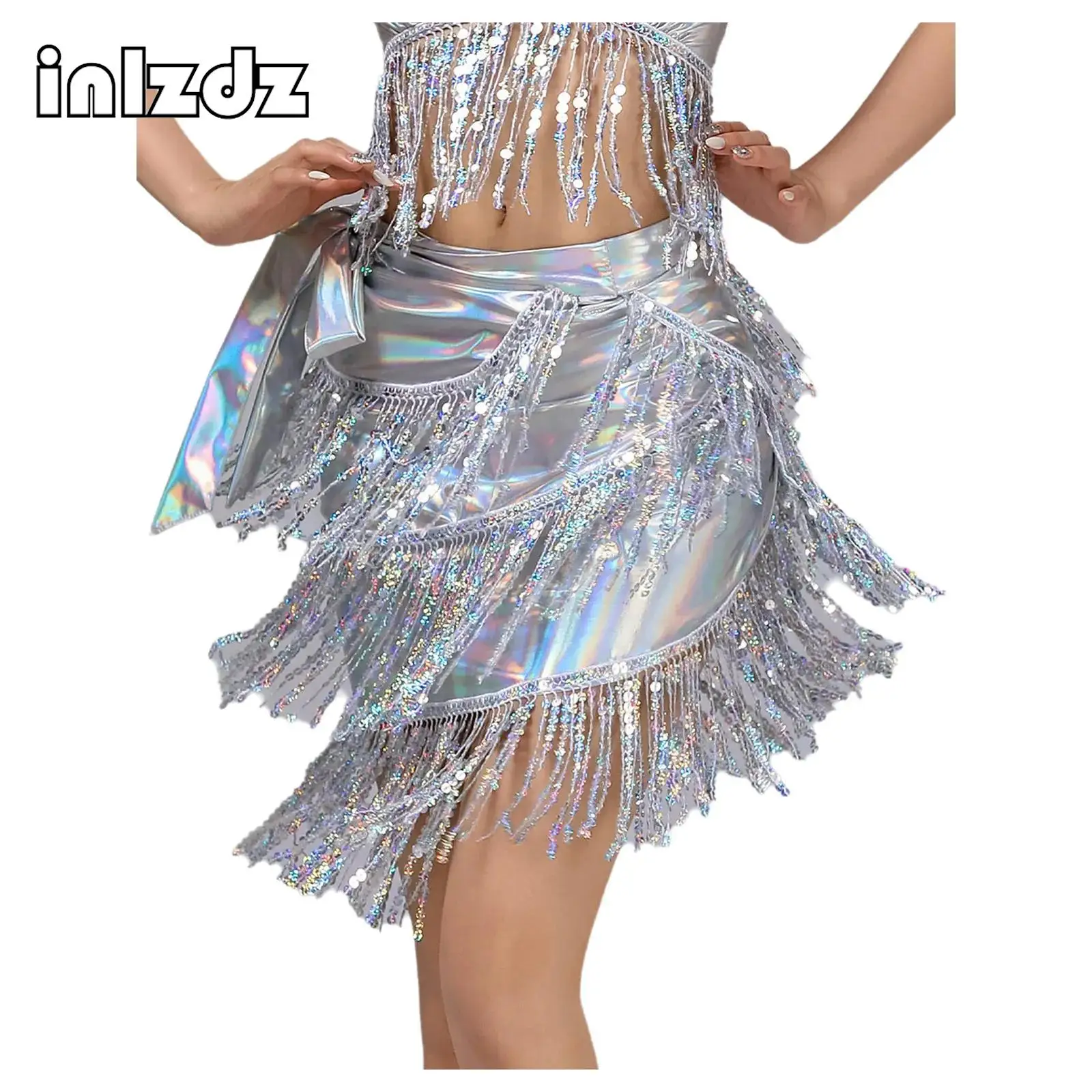 

Women Belly Dance Hip Scarf Side Tying Tiered Sequined Fringe Metallic Shiny Waist Wrap One-piece Latin Chacha Ballroom Skirts