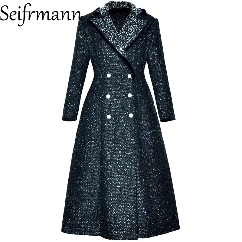 Seifrmann 2026 Spring Women's New Fashion Haired Collar Long Sleeve Double breasted Glitter Nail Bead Waist Coat