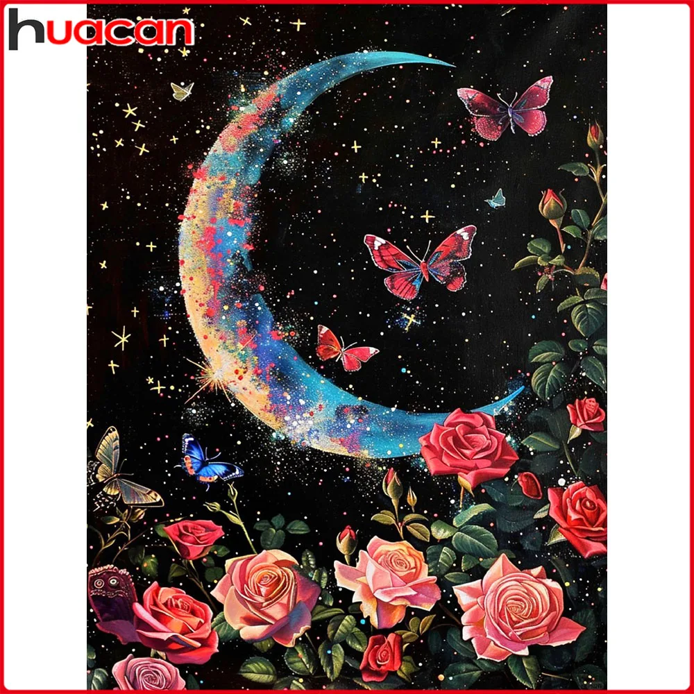 Huacan DIY Diamantmalerei Rose Mond Diamantstickerei Blumen-Landschaft Komplettes Set Dekorative Gemälde