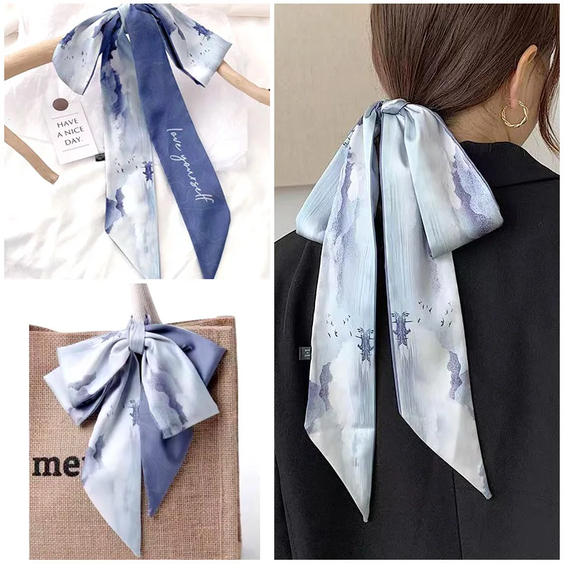 4/5/8Pcs Women Fashion Silk Scarf Hair Band Ribbon Tied-up Hair Long Bow Hair Scarf Printed Hairband Ponytail Hair Accessories