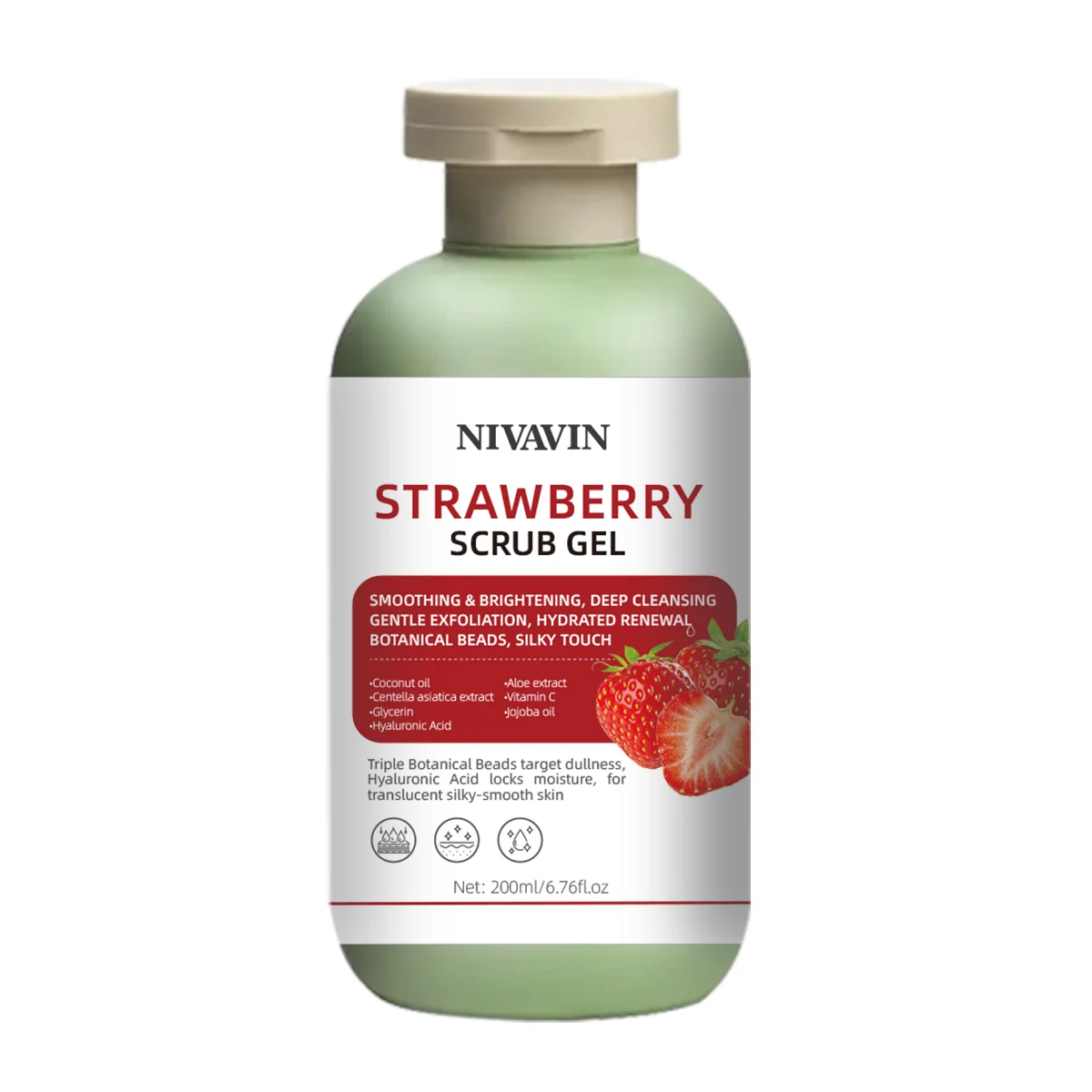 200ml vanilla scrub gel suitable for all skin types to gently remove dead skin cells, moisturize and brighten skin tone