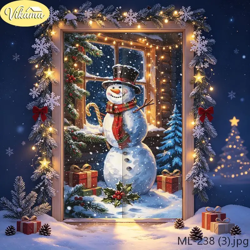 VIKAMA Christmas Cartoon Snow Santa Bus Door Curtain Merry Text Winter Scene Claus Double Decker Snowman Gift Tree Elf Holiday